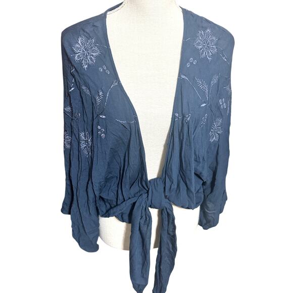 Lucky Brand Teal Green Embroidered Wrap Tie Front Blouse Sz XS/S Boho - Picture 1 of 7